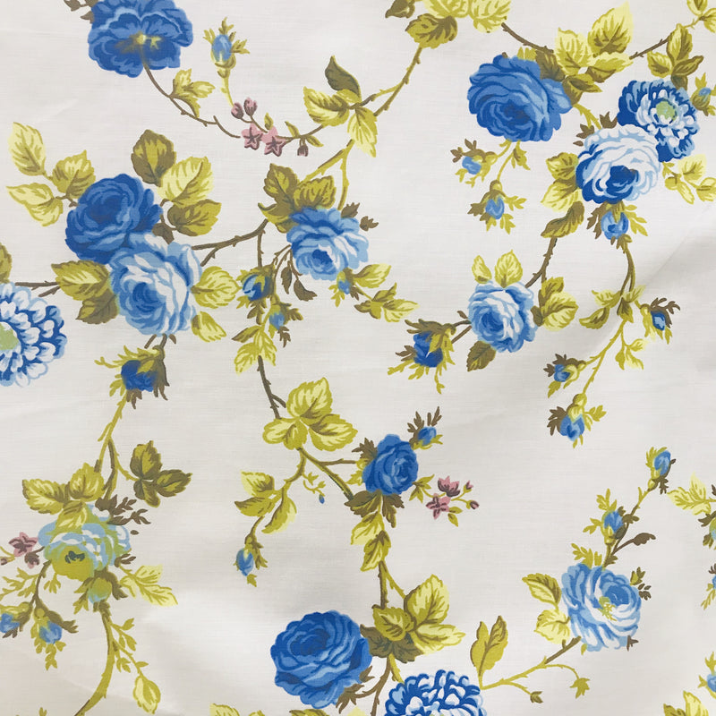 Roses Royal/White Polyester Cotton Fabric - White Floral Print, 59/60" Width (1 Yard)