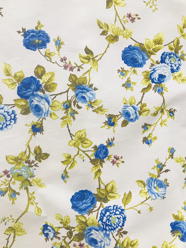 Roses Royal/White Polyester Cotton Fabric - White Floral Print, 59/60" Width (1 Yard)