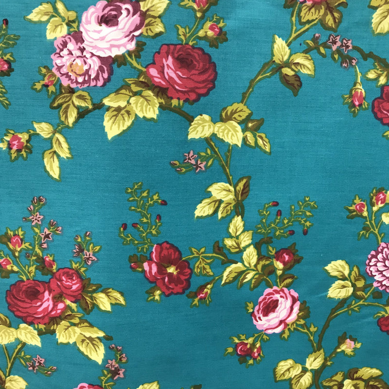 Roses Cranberry/Jade Polyester Cotton Fabric - Floral Print, Cranberry/Jade, 59/60" Width (1 Yard)