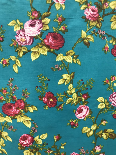 Roses Cranberry/Jade Polyester Cotton Fabric - Floral Print, Cranberry/Jade, 59/60" Width (1 Yard)