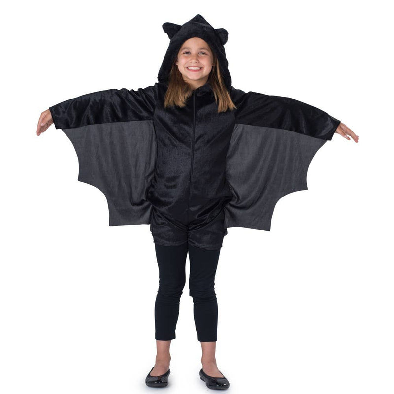 Girls black bat jumpsuit costume with hood and wings