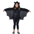 Girls black bat jumpsuit costume with hood and wings
