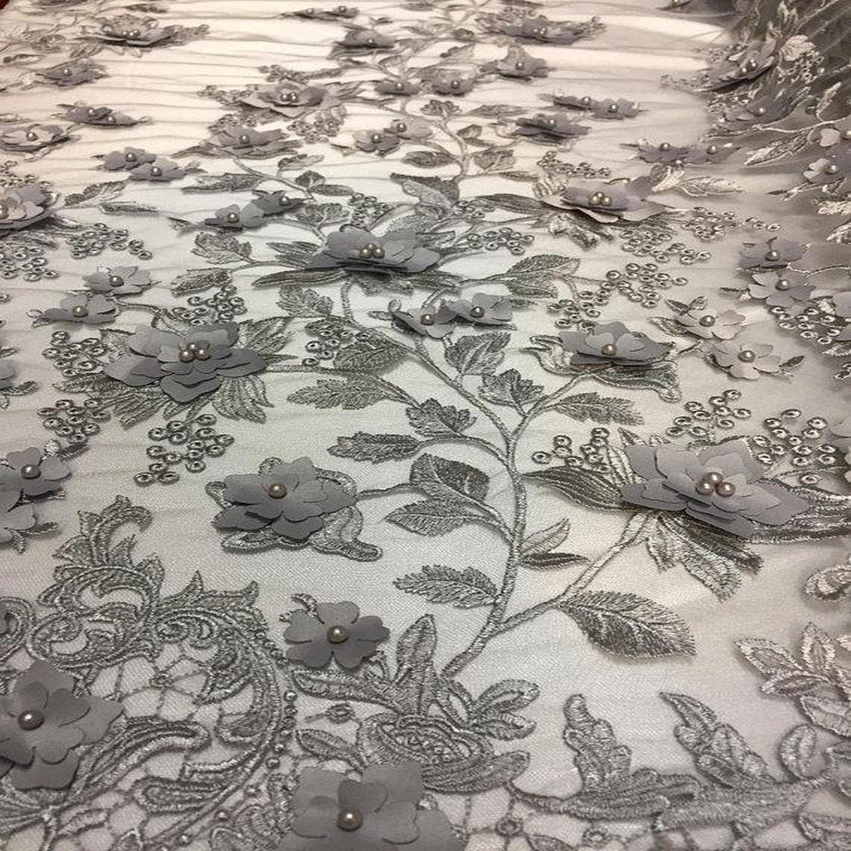 3D Embroidered Satin Floral Pearl Lace Fabric - 100 Percent Polyester Fabric, Floral Pearl Embroidery, 52" Width, 12" Panel (1 Yard)