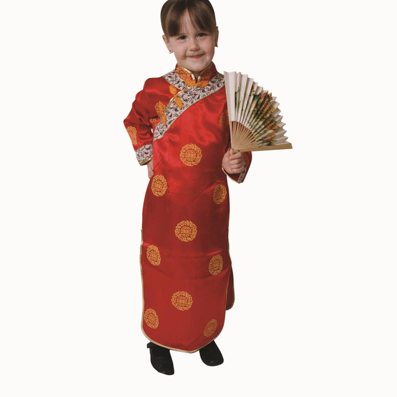 Girls Chinese-inspired dress costume with fan and prints