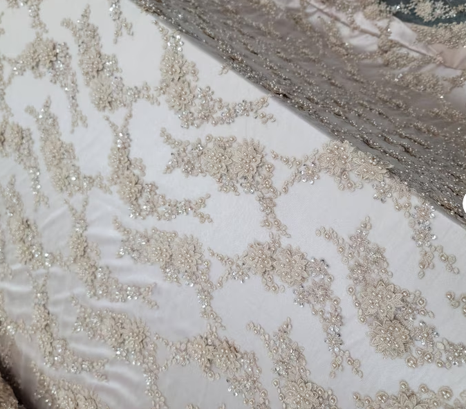 Beaded Bridal Lace Champagne Floral Mesh