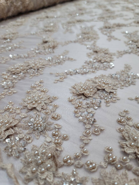 Beaded Bridal Lace Champagne Floral Mesh