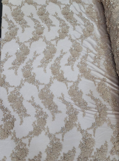 Beaded Bridal Lace Champagne Floral Mesh