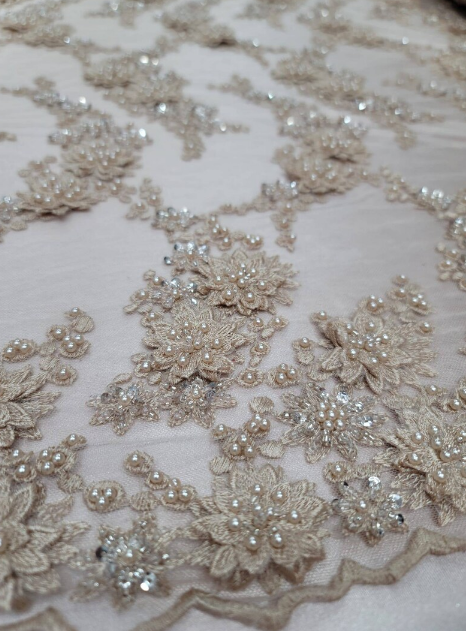 Beaded Bridal Lace Champagne Floral Mesh