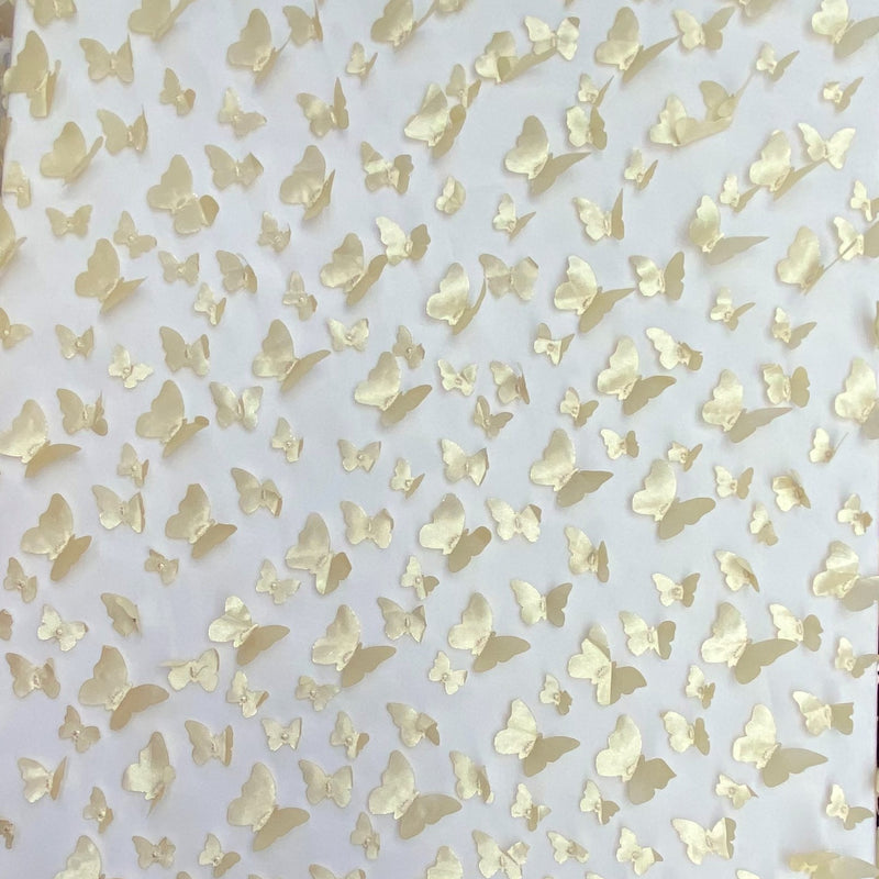 3D Butterflies Champagne Polyester Fabric - Light Weight Satin Butterflies On 2-Way Stretch Mesh, Champagne, 54" Width