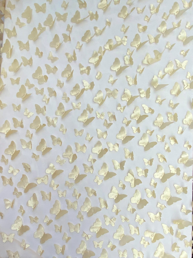 3D Butterflies Champagne Polyester Fabric - Light Weight Satin Butterflies On 2-Way Stretch Mesh, Champagne, 54" Width