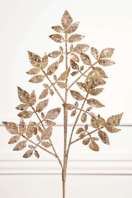 28" Champagne Glitter Leaf Spray