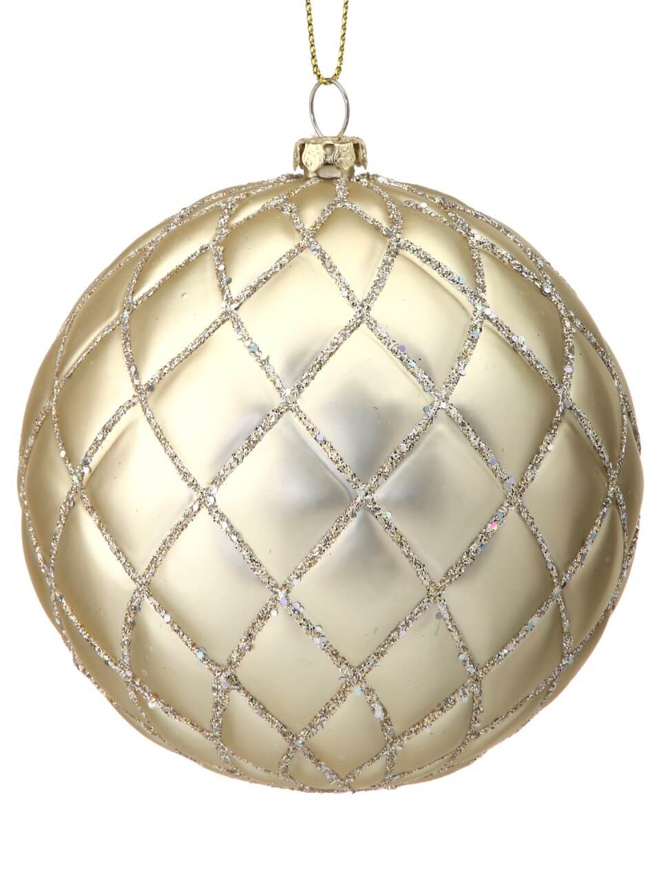 10 CM Champagne Matte Glitter Quilted Net Ball Ornament