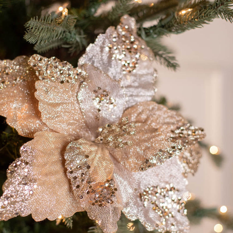 19” x 12.5" Sequin Glitter Sheer Poinsettia Stem