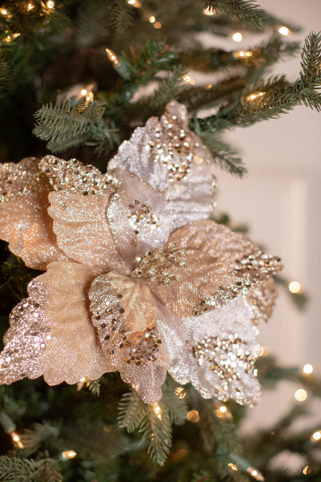 19” x 12.5" Sequin Glitter Sheer Poinsettia Stem