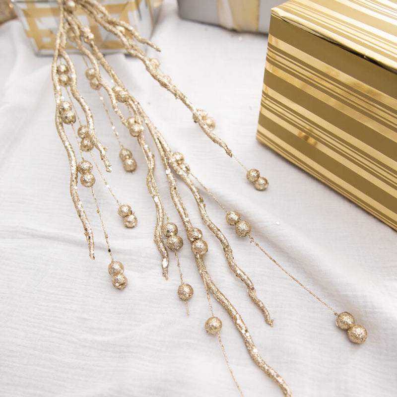 37” Champagne Glitter Sequin Curly Willow Ball Christmas Spray