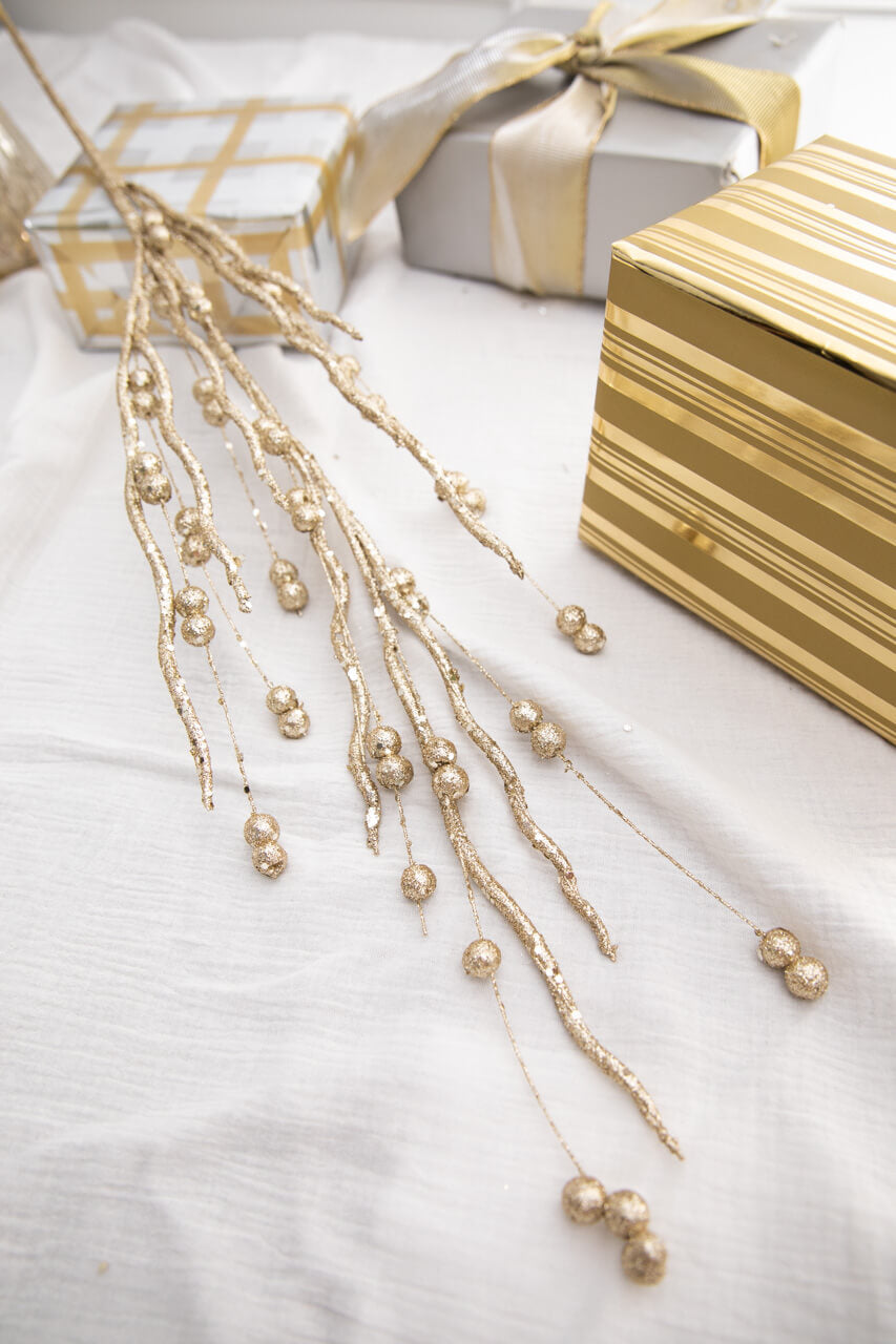 37” Champagne Glitter Sequin Curly Willow Ball Christmas Spray