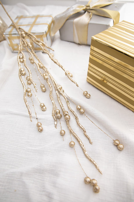 37” Champagne Glitter Sequin Curly Willow Ball Christmas Spray
