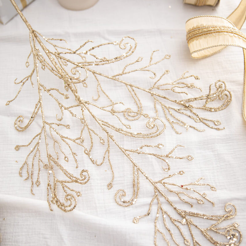 34" Champagne Glitter Lace Leaf Spray
