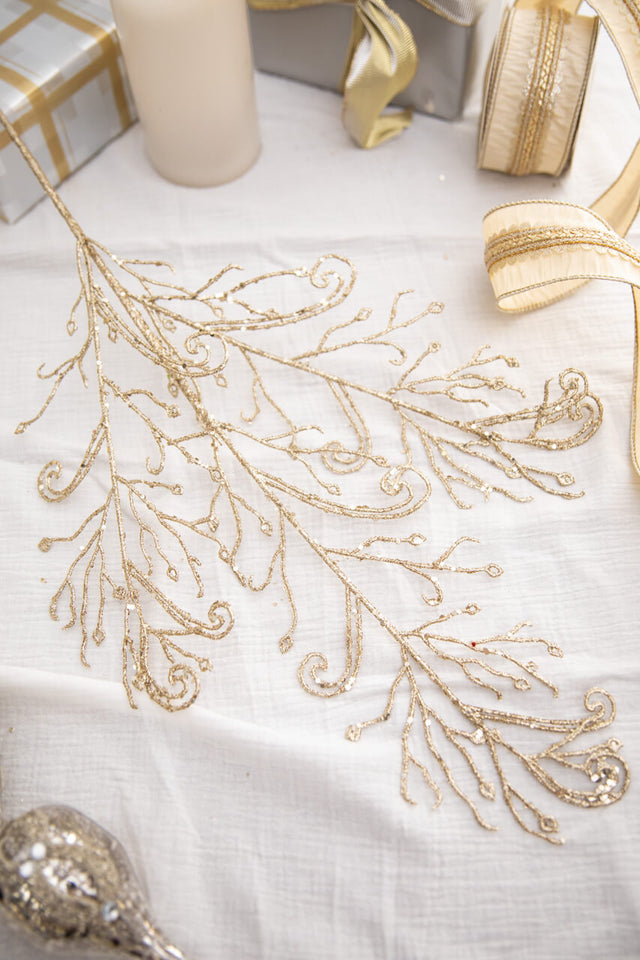 34" Champagne Glitter Lace Leaf Spray