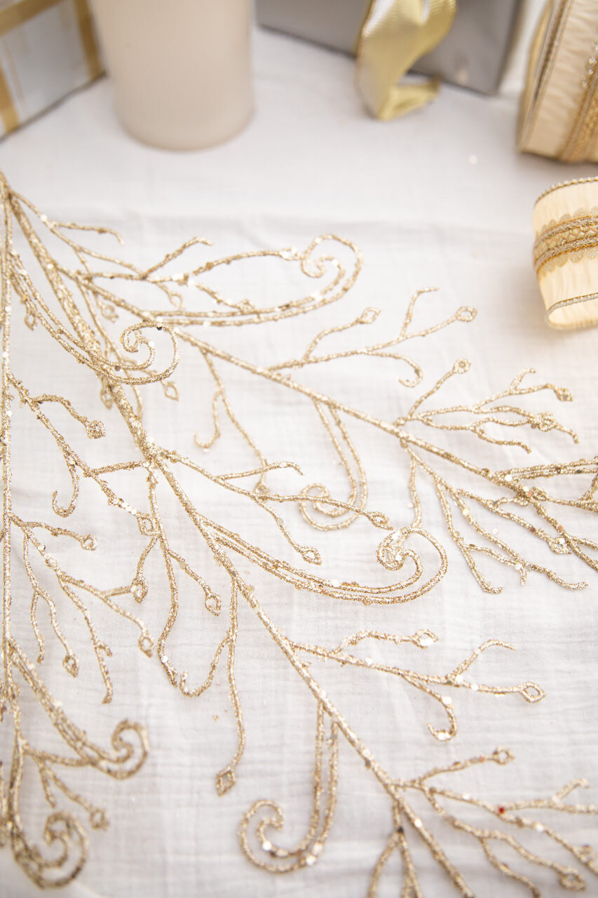 34" Champagne Glitter Lace Leaf Spray Christmas Decor