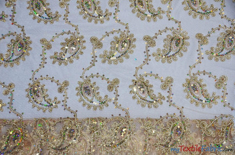 Coco Paisley Polyester Fabric - Sheer Embroidered Paisley, Double Scallop Lace, 52" Width (1 Yard)