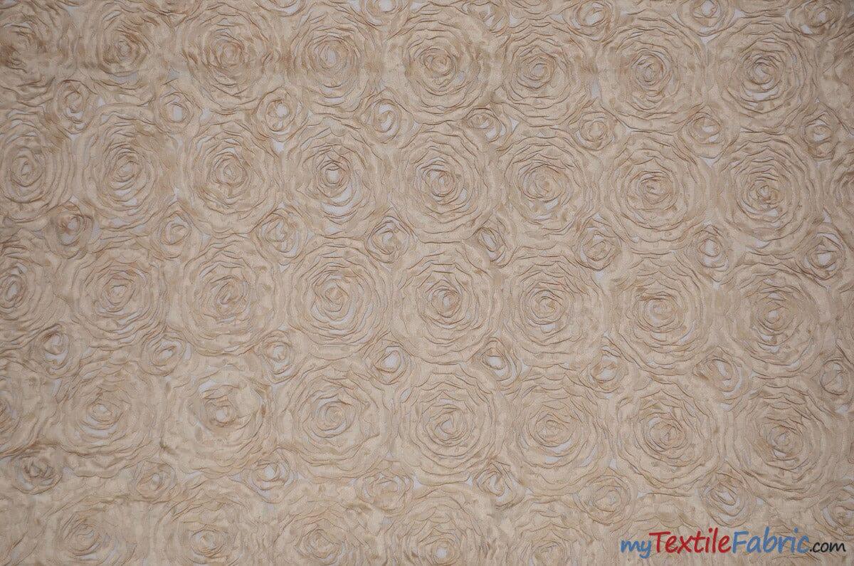 Wedding Floral Chiffon Polyester Fabric - 3D Floral Embroidery, Semi Sheer, 52" Width, Champagne, White, Ivory (1 Yard)
