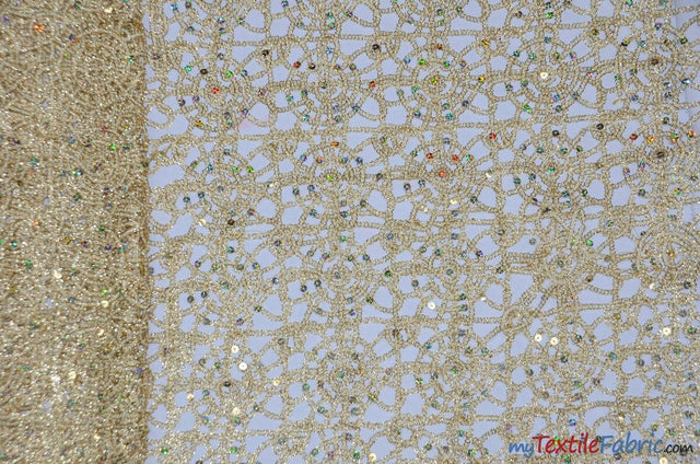 Open Weave Chain Chemical Lace Polyester Fabric - Sheer Metallic Open Work, Sequins Embellished, 50" Width, 10 Colors (1 Yard)