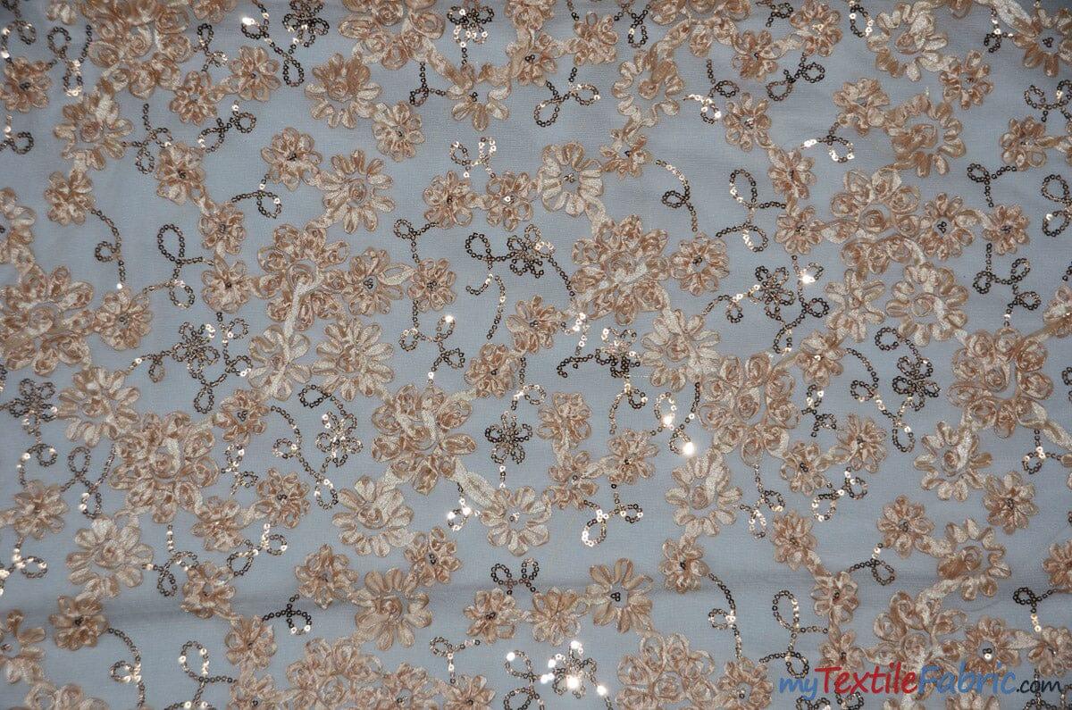 Luxury Mesh Embroidery Polyester Fabric - Embroidered Floral Mesh, 54" Width, Champagne (1 Yard)