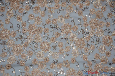 Luxury Mesh Embroidery Polyester Fabric - Embroidered Floral Mesh, 54" Width, Champagne (1 Yard)
