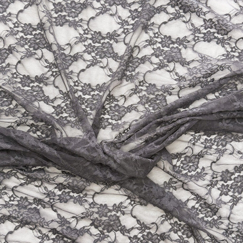 Charcoal Grey Nylon Spandex Fabric - 4-Way Stretch Vintage Look Shimmery Floral Lace Sheer, Charcoal Grey, 58/60" Width (1 Yard)