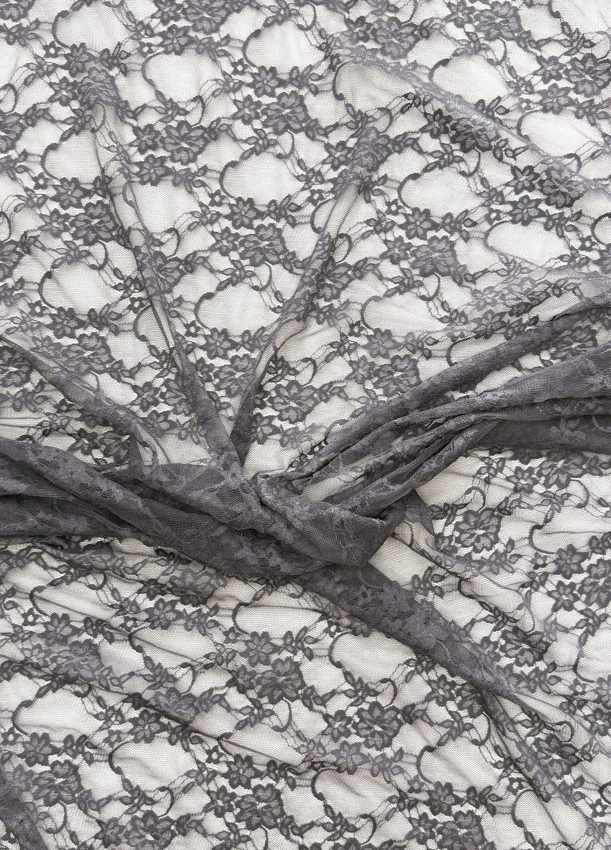 Charcoal Grey Nylon Spandex Fabric - 4-Way Stretch Vintage Look Shimmery Floral Lace Sheer, Charcoal Grey, 58/60" Width (1 Yard)