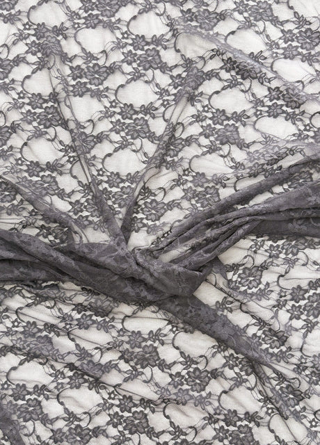 Charcoal Grey Nylon Spandex Fabric - 4-Way Stretch Vintage Look Shimmery Floral Lace Sheer, Charcoal Grey, 58/60" Width (1 Yard)