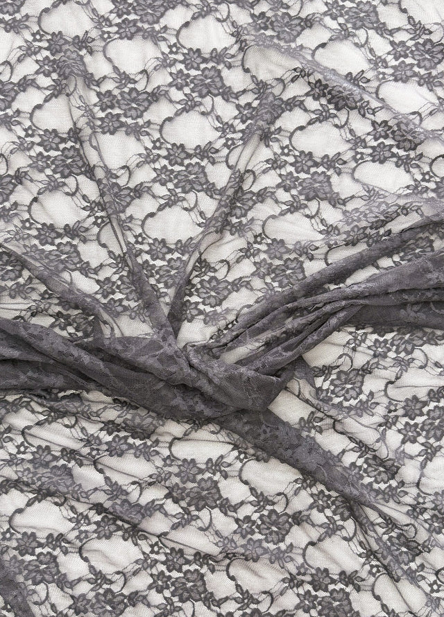 Charcoal Grey Nylon Spandex Fabric - 4-Way Stretch Vintage Look Shimmery Floral Lace Sheer, Charcoal Grey, 58/60" Width (1 Yard)