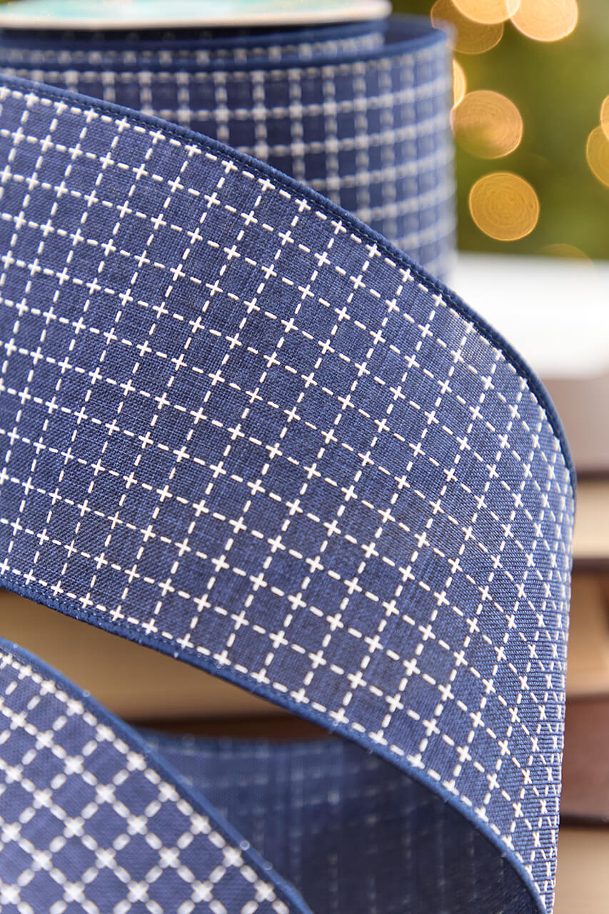4" x 10 Yard Blue & White Checkered Stitch Ribbon