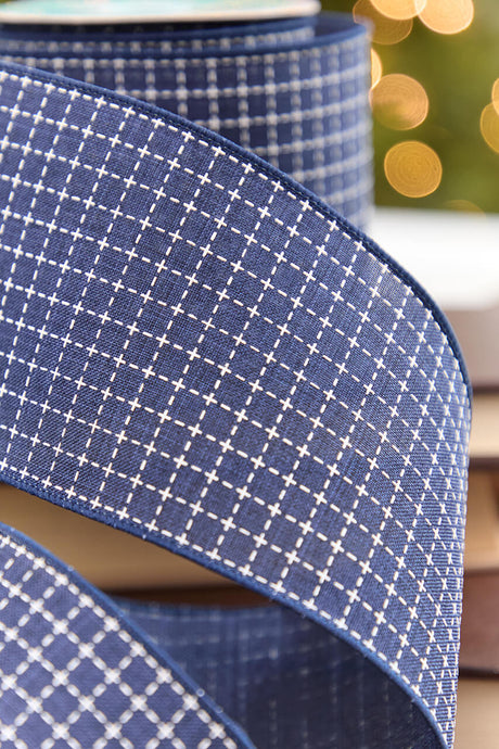 4" x 10 Yard Blue & White Checkered Stitch Ribbon