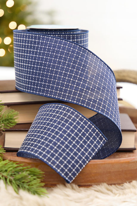 4" x 10 Yard Blue & White Checkered Stitch Ribbon