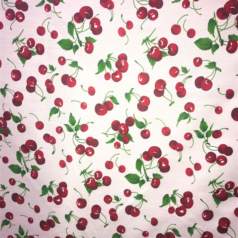 Cherries White Poly Cotton Fabric - White Cherry Print, 59/60" Width (1 Yard)