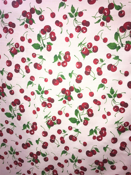 Cherries White Poly Cotton Fabric - White Cherry Print, 59/60" Width (1 Yard)