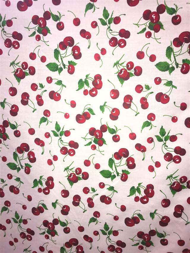 Cherries White Poly Cotton Fabric - White Cherry Print, 59/60" Width (1 Yard)