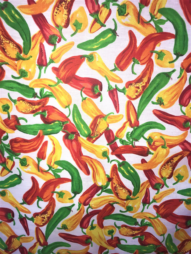 Chilies White Poly Cotton Fabric - Chili Print, White, 59/60" Width (1 Yard)