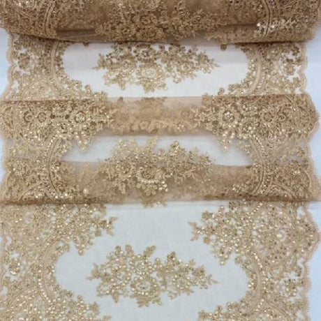 VT-14 Sequin Lace Fabric - Embroidered Mesh, Scalloped Edge, 20.08" Width