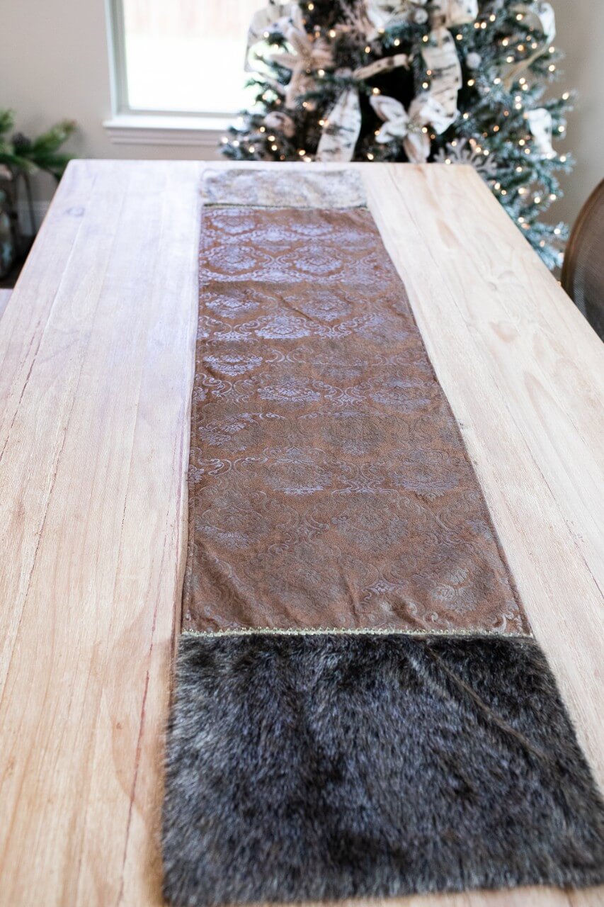Chocolate Printed Velvet with Fur Trim Table Runner (15"x72")