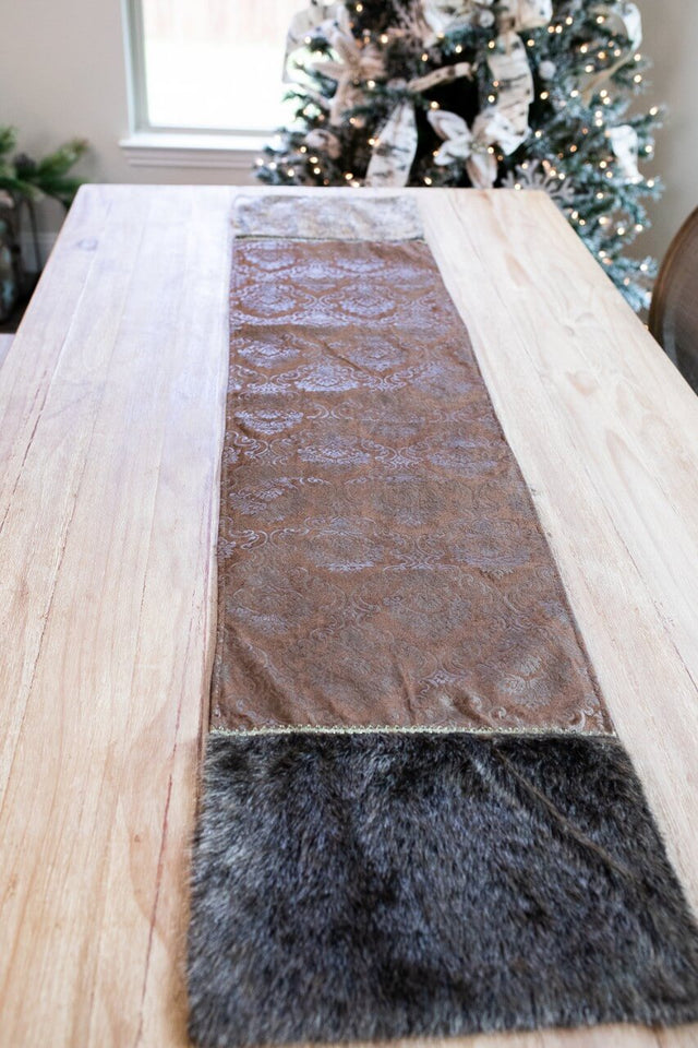 Chocolate Printed Velvet with Fur Trim Table Runner (15"x72")