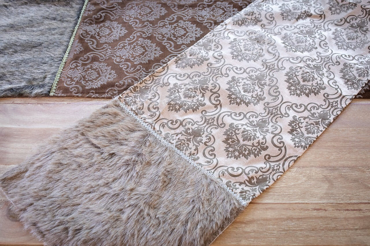 Chocolate Printed Velvet with Fur Trim Table Runner (15"x72")