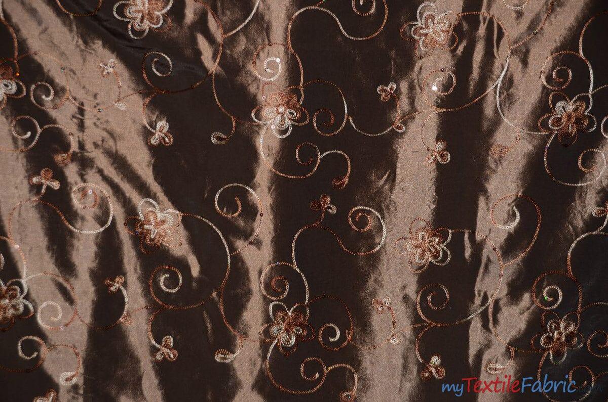 Aurora Taffeta Embroidered Floral Taffeta Fabric - Multi Color Floral Embroidery With Sequins, 54" Width (1 Yard)