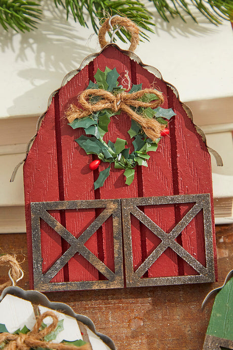 6 Inch Wood & Metal Holiday Barn Ornament Christmas Hanging Decor