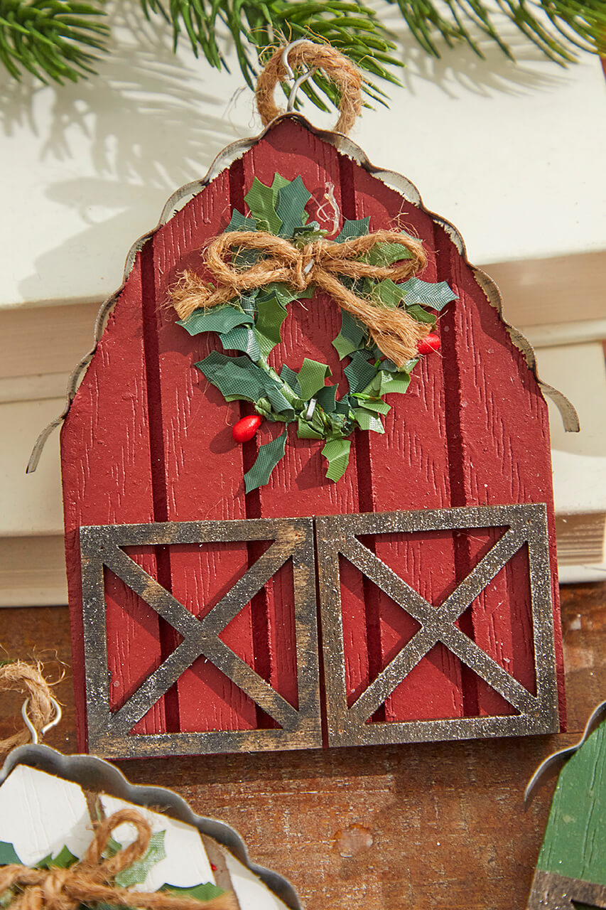 6" Wood & Metal Holiday Barn Ornaments