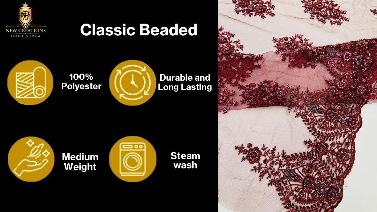 Classic Beaded Damask Lace Fabric - Beaded Damask Pattern, 54" Width (1 Yard)