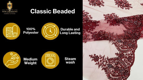 Classic Beaded Damask Lace Fabric - Beaded Damask Pattern, 54" Width (1 Yard)