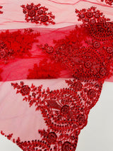 Classic Beaded Damask Lace Fabric - Beaded Damask Pattern, 54" Width (1 Yard)